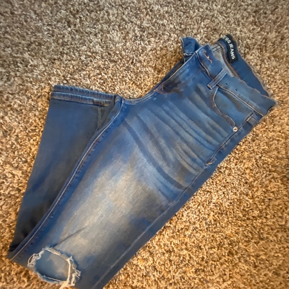 Express Women's Blue Skinny Jeans with Distressed Knee